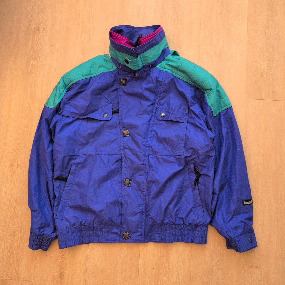 Vintage Marker Ski Jacket Mens Medium Purple Teal Colorblock 90s Hooded RN 73344